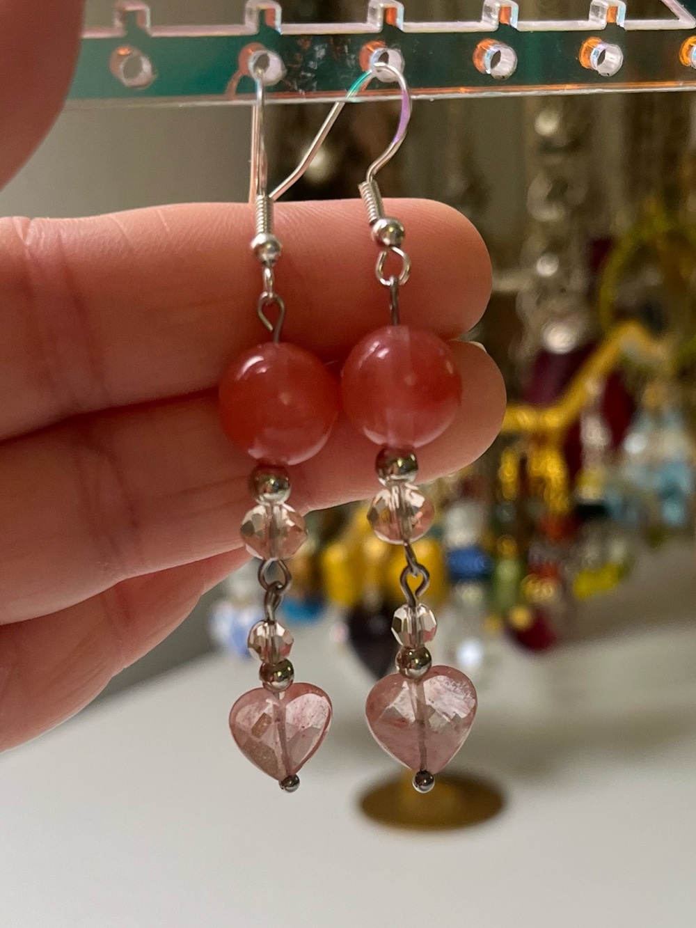 Handmade Cherry Quartz & Crystal Heart Dangle Earrings